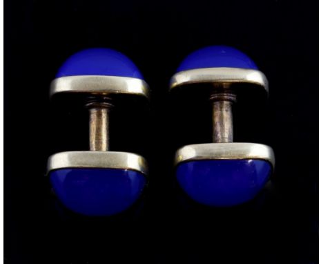 Dyed blue agate cufflinks, marked 14 ct gold Gross weight 10.6 grams
