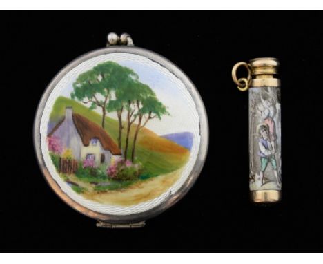 Silver and enamel box with scene of cottage in a landscape and a similar gilt metal protracting pencil decorated with childre