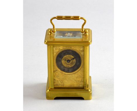 Brass carriage clock with engraved gilt dial, 15cm      