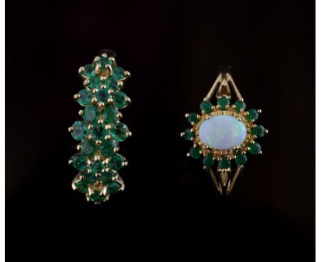 Two  emerald  set rings one  cluster and another with opal, both 9 ct gold  