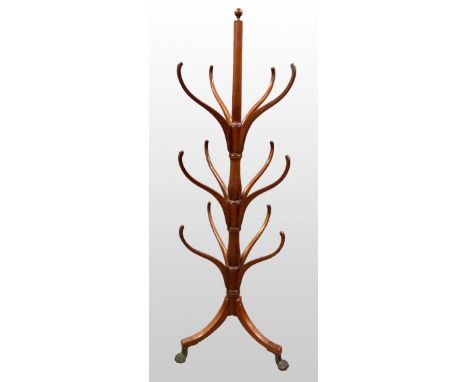 19th century mahogany hat stand on tripod base with cast metal lion's paw feet, 165cm high,       