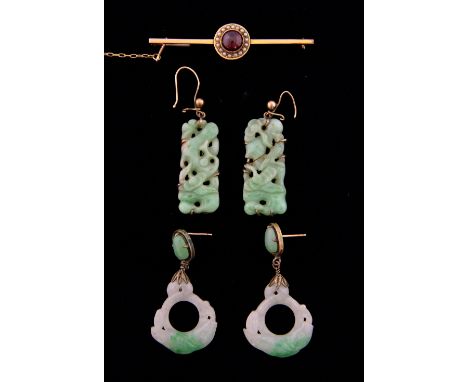 Two pairs of vintage jade earrings, one pair carved plaques another pair hoops carved with fish,   4-4.5 cm drop, and a garne