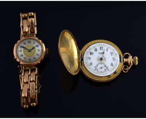 Ladies 1920's 9ct gold cocktail watch with a 9ct gold spring bracelet and one gold plated link, together with a 19th C Ladies