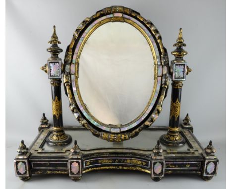 19th century papier-mâché lacquered wood and mother of pearl inlaid bedroom mirror with mirrored base, 73cm x 77cm, Provenanc