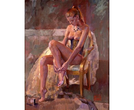 Julian Gordon Mitchell (1968-) Portrait of a woman dressing, acrylic on canvas, signed, 90cm x 100cm     