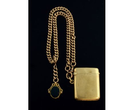 Victorian rose gold Albert chain, each link stamped,  with attached vesta case, Birmingham 1919-20, all 9 ct gold, and a gold