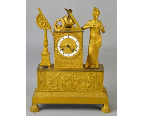 19th century gilt metal mantle clock with representations of the sciences, silk suspension, the white enamel chapter ring sig