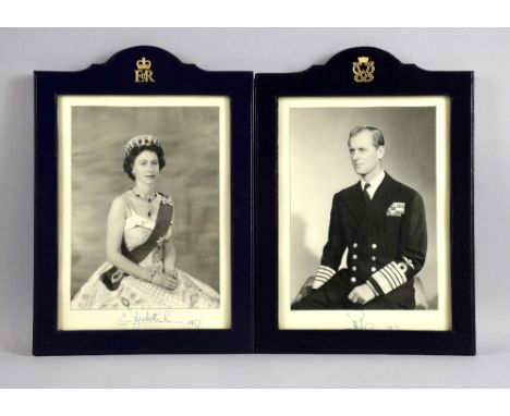 HM Queen Elizabeth II and HRH The Duke of Edinburgh - Pair of signed portrait photographs, showing The Royal Couple in formal