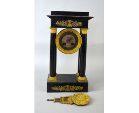 19th century gilt metal and ebonised portico clock, with twin train movement, 42cm x 22cm PROVENANCE: Consigned from a local 