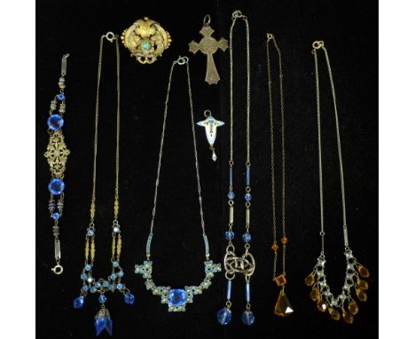 Victorian gilt metal brooch set with turquoise, Edwardian enamel pendant, engraved silver cross and 1920's costume necklaces 