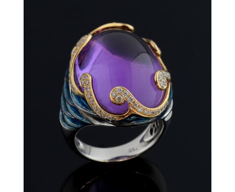 Amethyst set enamel ring, the large cabochon stone within a a wave band of diamonds, the shoulders with blue enamel scales   