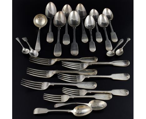 Three Victorian silver fiddle and thread pattern dinner forks, by Chawner & Co., London, 1843 and 1845, sauce ladle, four des