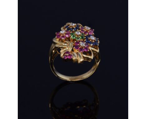 Multi gem flower ring, set with ruby, sapphire, emerald and diamonds, in 18 ct gold, ring size - N Gross weight - 6.8 grams