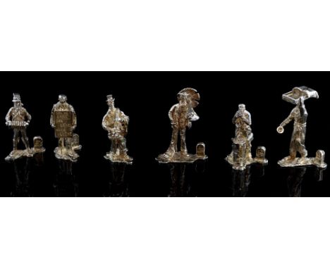 Six modern silver menu holder figures modelled as Victorian/Edwardian men, to include chimney sweep, one man band, pie seller