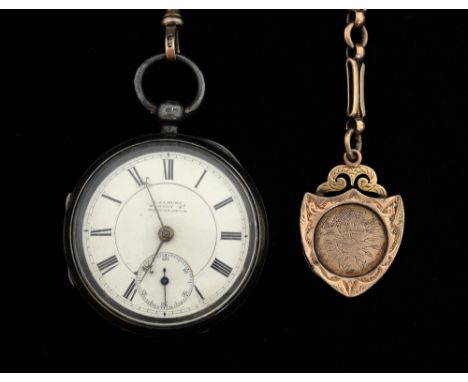 Open faced silver pocket watch, Roman numerals, subsidiary seconds dial at 6, white enamel face and named and engraved moveme