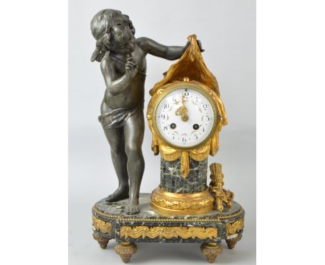 19th Century spelter gilt metal and green marble mantel clock, 44 x 25cm PROVENANCE: Consigned from a local deceased estate, 