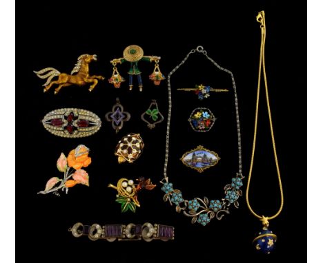 Two silver and enamel pendants, early 20th C, a paste set bracelet, 1940's Oriental figure with baskets, and other vintage co