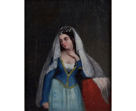 19th century portrait of a young woman in a blue dress wearing a pearl necklace, oil on canvas, 17cm x 13.5cm     