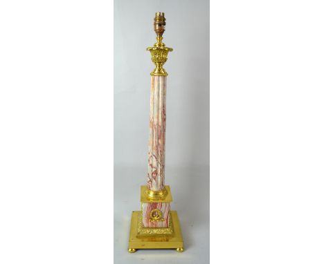 Pink marble and brass lamp in the form of a Corinthian column, 56cm high      