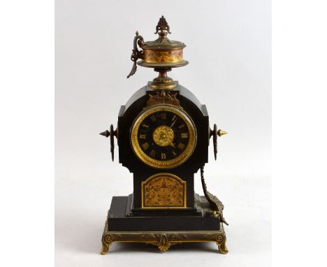 Black slate and ormolu mantle clock, the face with champlevé panel by W. Gibson, Paris, maker's mark  'G S' - Georges Emile H