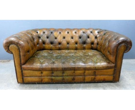 Brown leather button back Chesterfield sofa, 132 cm, wide       