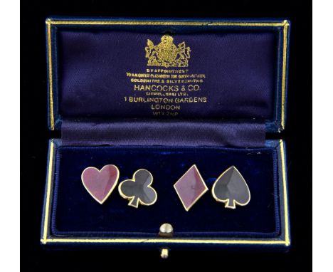A pair of red and black enamel cufflinks of a four card suite in 9ct gold, by Hancocks & Co, with box. 