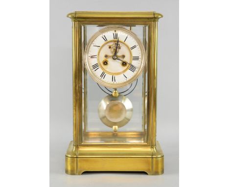 Brass and four glass two train clock with white enamel dial. Marked L P on the gong, 36cm high      
