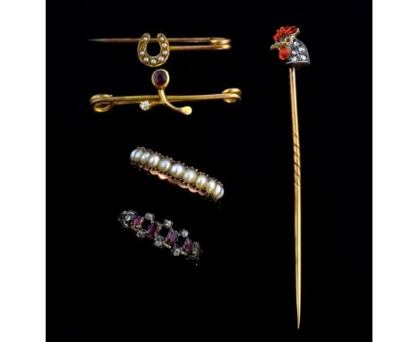Group of antique jewellery, rose cut diamond and red enamel cockerel stick pin, pearl ring, bar brooch with small diamond and