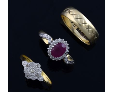 Edwardian plaque ring set with small diamonds, 18 ct gold and platinum, ring size M 1/2,  a later ruby and diamond ring, ring