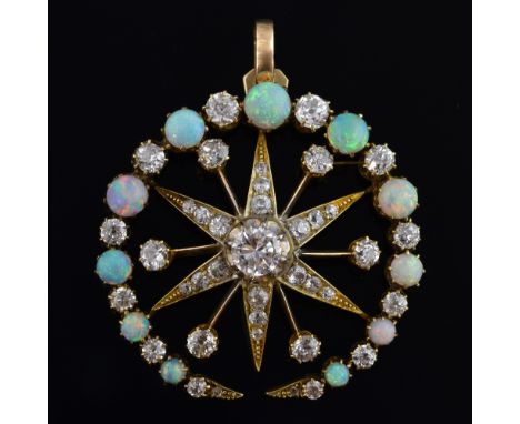  Edwardian pendant of opal and diamond star and moon, set with central stone of 0.70 carat, with old and transitional cut dia