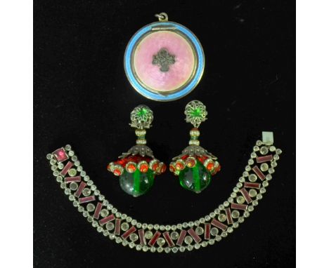 A pair of  French Art Deco drop earrings with red and green paste, clasp stamped France, a paste set bracelet, pink and blue 