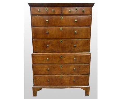 18th century walnut tallboy with two short and six long drawers, on bracket feet, 158cm x 100cm       Splits in oak sides and