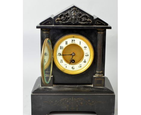 19th Century polished slate single train mantel clock, 30 x 24 cm PROVENANCE: Consigned from a local deceased estate, the pro