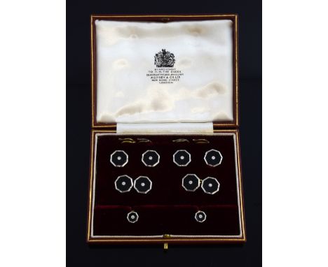 Asprey London set of Art Deco period cufflinks, buttons and shirt studs, octagonal form set with onyx and central diamond,  i