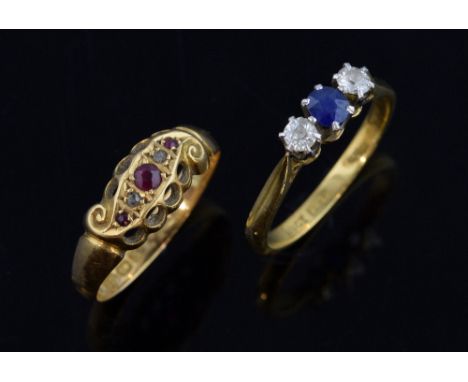 Edwardian ring with small ruby and diamond, 18 ct gold, Birmingham 1906, and a sapphire and diamond ring in platinum and 18 c