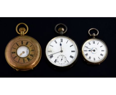 Ladies pocket watch the enamel face painted with a floral garland , reverse engraved with flowers, German 800 purity and impr