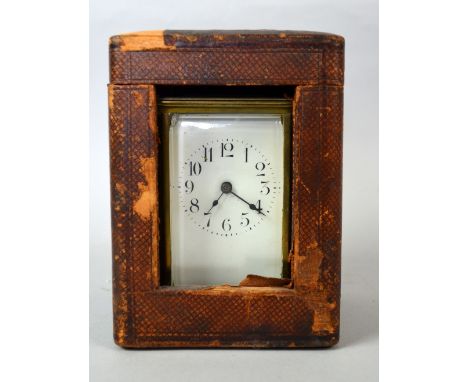 Early 20th Century brass carriage clock with lever escapement 16 cm in leather carry case       