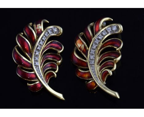 A pair of enamel flower clip brooches, with central line of diamonds, 14 ct gold, length 4.5 cm Gross weight 17.6 grams