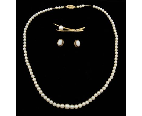 Cultured pearl necklace  graduated to a gold clasp, a pearl set gold brooch and a pair of opal set earrings, all 9-14 ct   