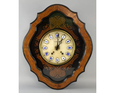 French oak and marquetry inlaid serpentine shaped wall clock, white porcelain and blue enamelled Roman numerals, 61cm x 50cm,