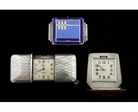 Silver Movado Chronometre Ermeto purse watch, silver Eterna ladies purse travel clock watch and a silver and enamelled purse 