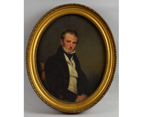 After George Chinnery - portrait of a gentleman, oil on board, in oval frame, 24cm x 19cm     