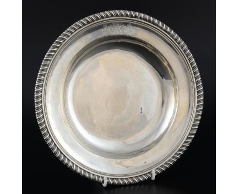 18th century silver plate engraved with a coat of arms, date letter indistinct, altered with later silver gadrooned border, m