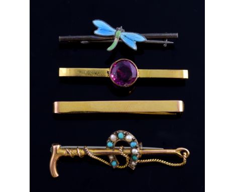 Four bar brooches including, an antique 9ct gold turquoise and pearl, a plain 9ct gold, paste rolled gold and a enamel butter