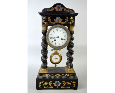 19th century ebonised and brass inlaid portico clock, with twin train movement, 25cm x 20cm PROVENANCE: Consigned from a loca