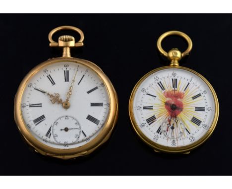  French gold open faced pocket watch, the face with enamel decoration of  the sacred heart, and another with floral engraved 