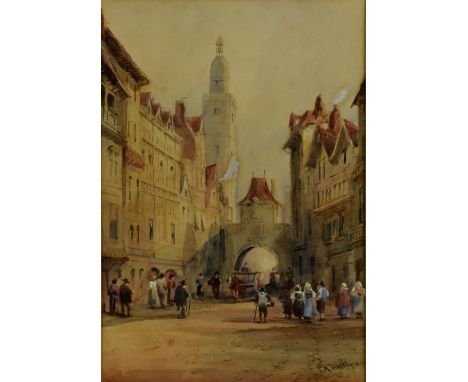 A Montague, pair of  19th century continental city scenes, one signed and one monogrammed, each 28cm x 26cm      Some light d