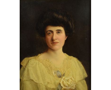 Early 20th century portrait of a lady, oil on canvas, 50cm x 40cm     Hole in centre of woman's chest approximately 3cm wide 