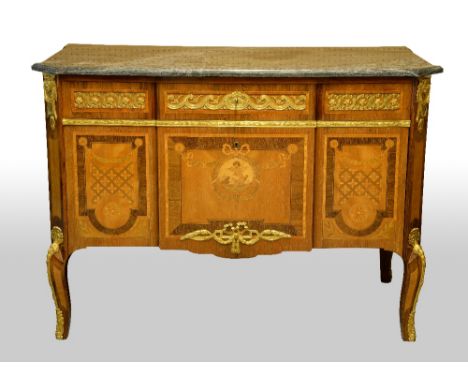 After J.H. Riesener Louis XV Style marble topped Kingwood, tulip wood, purple-heart and marquetry inlaid commode with gilt me