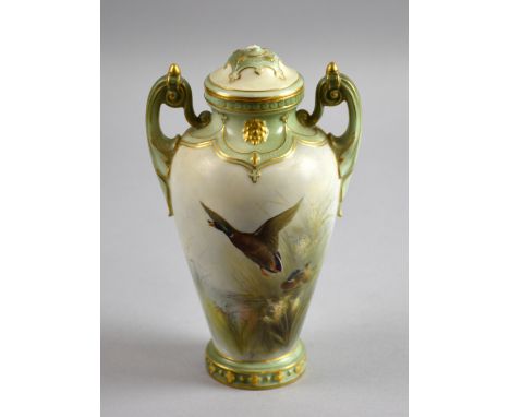 Royal China Works Worcester covered vase painted with mallards, 19cm     Finial missing